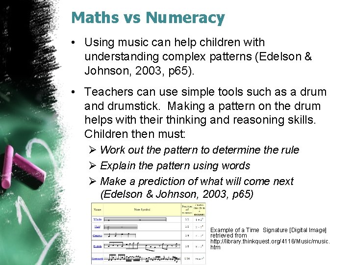 Maths vs Numeracy • Using music can help children with understanding complex patterns (Edelson