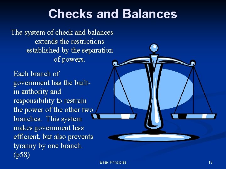 Checks and Balances The system of check and balances extends the restrictions established by Checks and Balances The system of check and balances extends the restrictions established by
