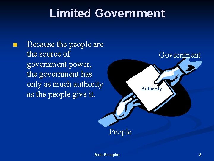 Limited Government n Because the people are the source of government power, the government Limited Government n Because the people are the source of government power, the government