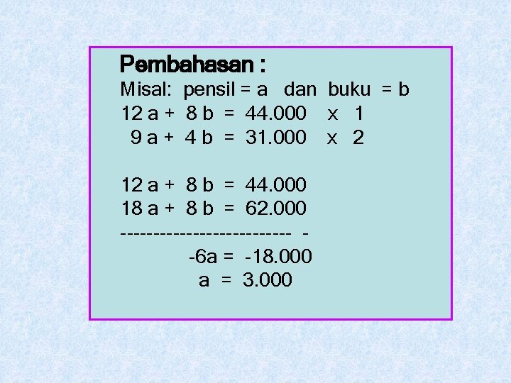 Pembahasan : Misal: pensil = a dan buku = b 12 a + 8