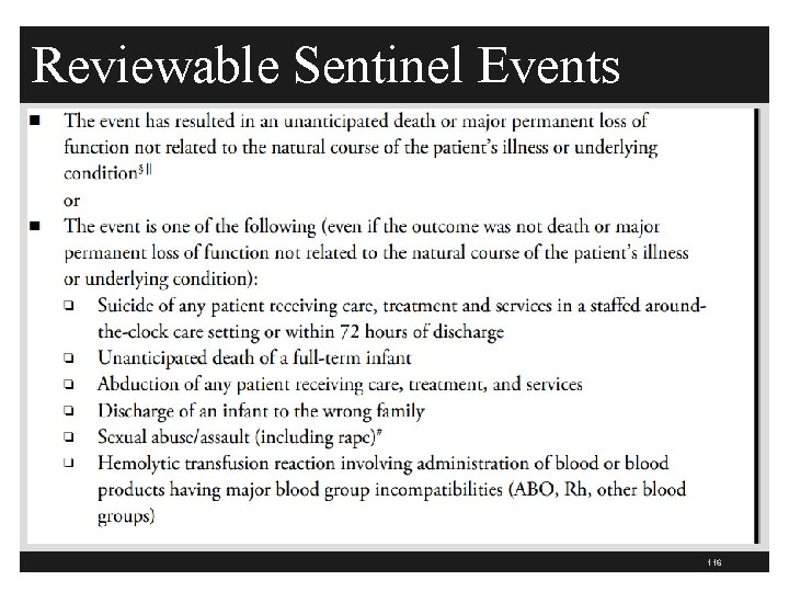 Reviewable Sentinel Events 116 Reviewable Sentinel Events 116