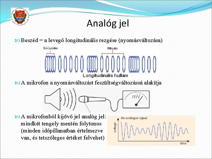 Analóg jel Beszéd = a levegő longitudinális rezgése (nyomásváltozása) A mikrofon a nyomásváltozást feszültségváltozássá