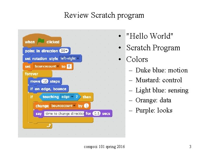 Review Scratch program • "Hello World" • Scratch Program • Colors – – –