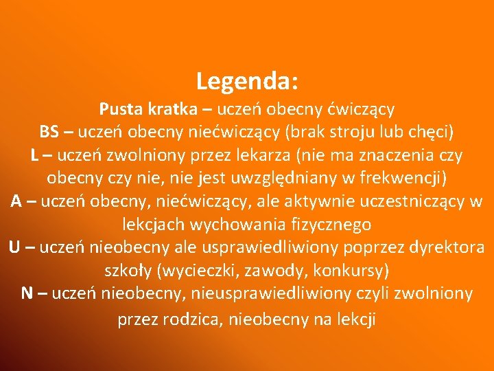 Legenda: Pusta kratka – uczeń obecny ćwiczący BS – uczeń obecny niećwiczący (brak stroju