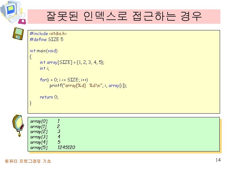 잘못된 인덱스로 접근하는 경우 #include <stdio. h> #define SIZE 5 int main(void) { int