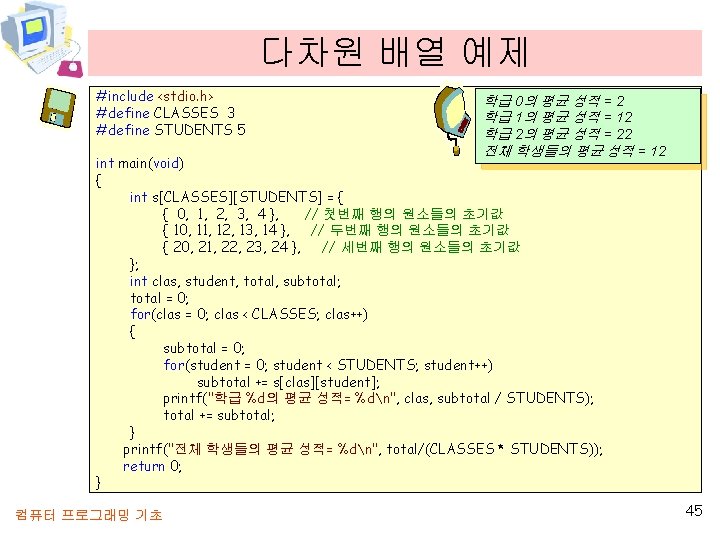 다차원 배열 예제 #include <stdio. h> #define CLASSES 3 #define STUDENTS 5 학급 0의