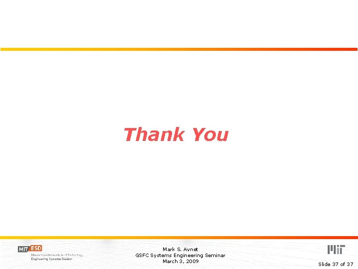 Thank You Mark S. Avnet GSFC Systems Engineering Seminar March 3, 2009 Slide 37