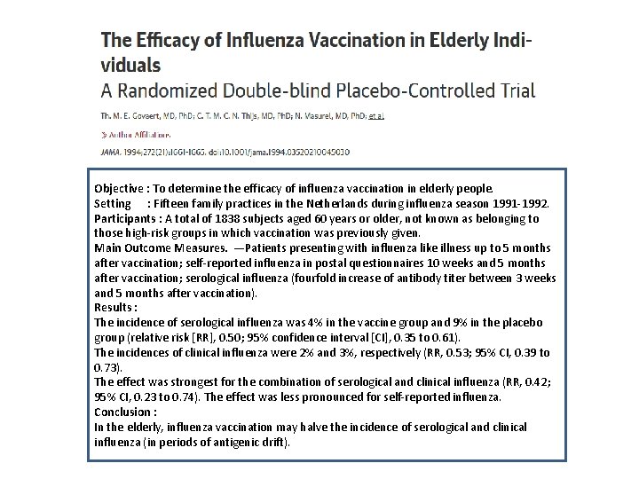 Objective : To determine the efficacy of influenza vaccination in elderly people. Setting :