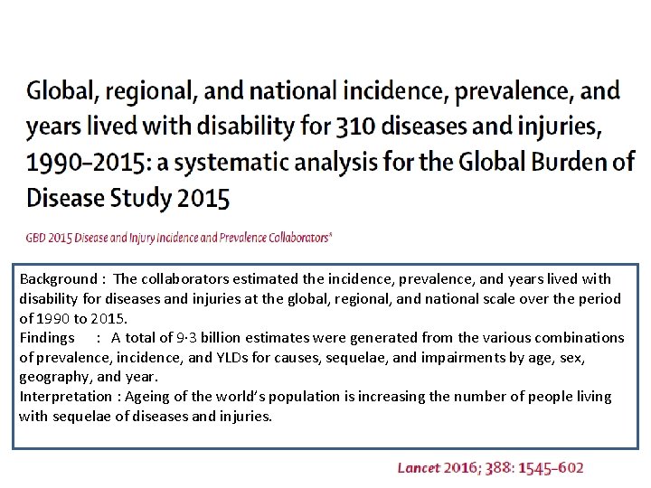 Background : The collaborators estimated the incidence, prevalence, and years lived with disability for