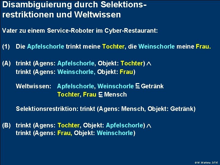 Disambiguierung durch Selektionsrestriktionen und Weltwissen Vater zu einem Service-Roboter im Cyber-Restaurant: (1) Die Apfelschorle