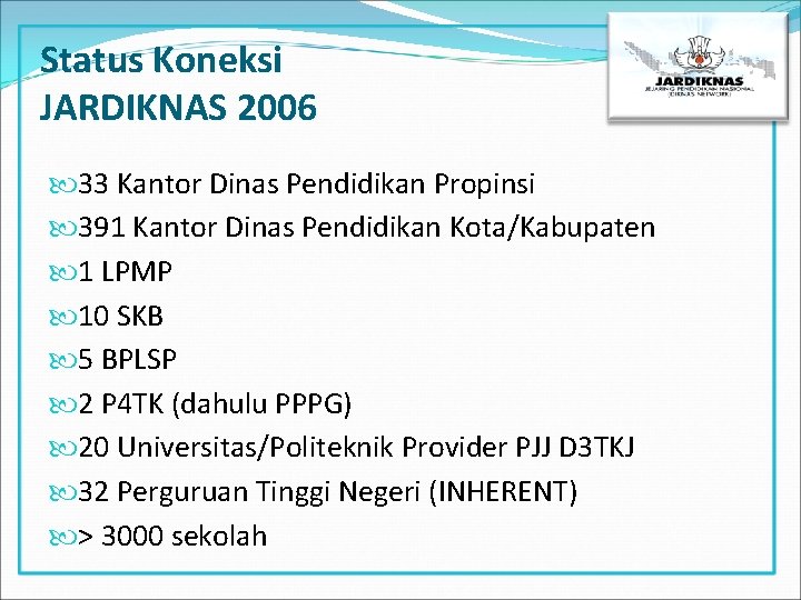 Status Koneksi JARDIKNAS 2006 33 Kantor Dinas Pendidikan Propinsi 391 Kantor Dinas Pendidikan Kota/Kabupaten