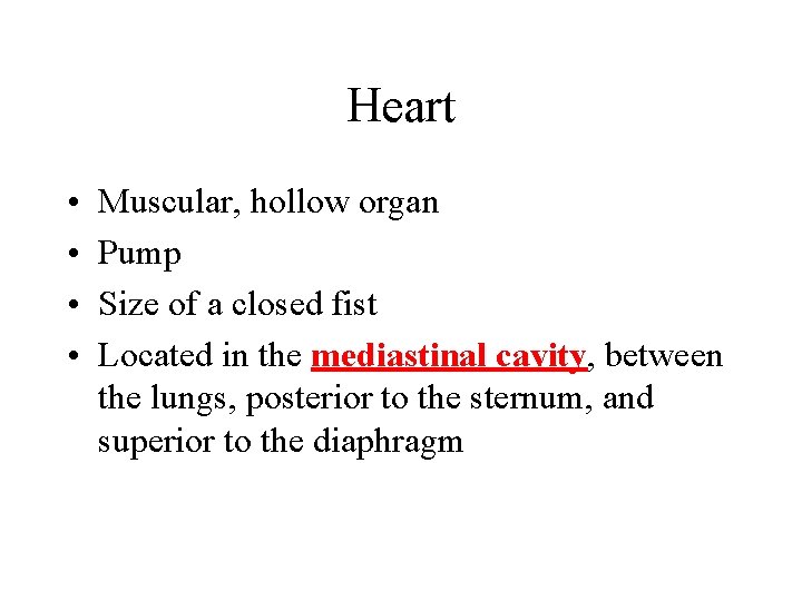 Heart • • Muscular, hollow organ Pump Size of a closed fist Located in