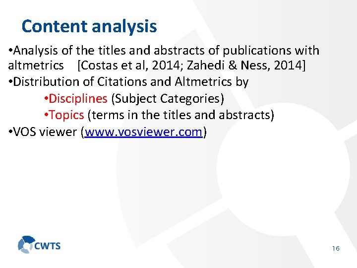 Content analysis • Analysis of the titles and abstracts of publications with altmetrics [Costas