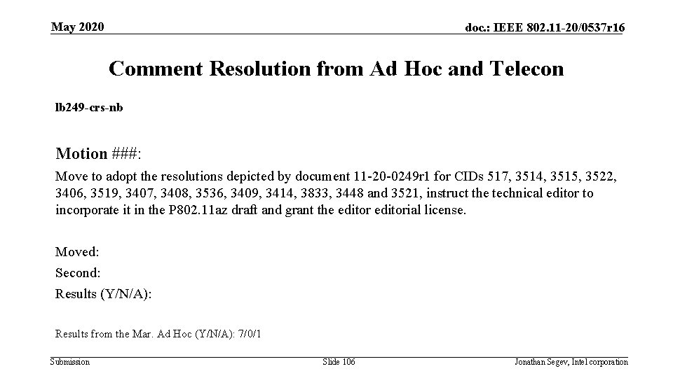 May 2020 doc. : IEEE 802. 11 -20/0537 r 16 Comment Resolution from Ad