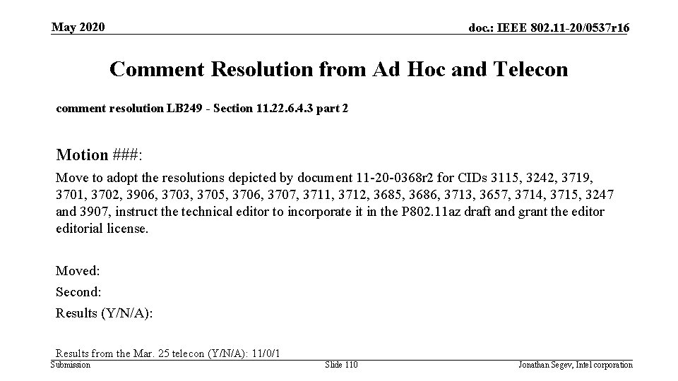 May 2020 doc. : IEEE 802. 11 -20/0537 r 16 Comment Resolution from Ad