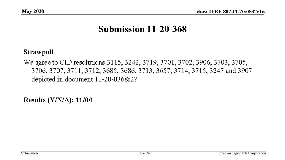 May 2020 doc. : IEEE 802. 11 -20/0537 r 16 Submission 11 -20 -368