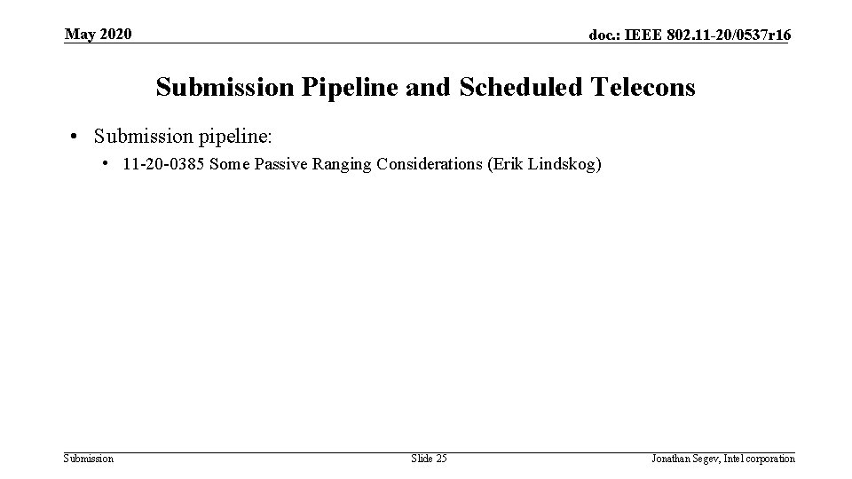 May 2020 doc. : IEEE 802. 11 -20/0537 r 16 Submission Pipeline and Scheduled