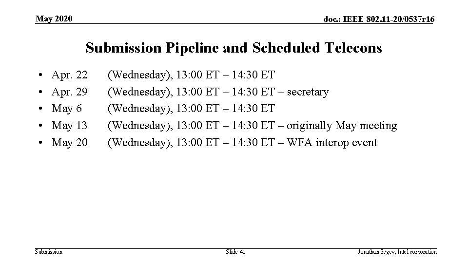 May 2020 doc. : IEEE 802. 11 -20/0537 r 16 Submission Pipeline and Scheduled