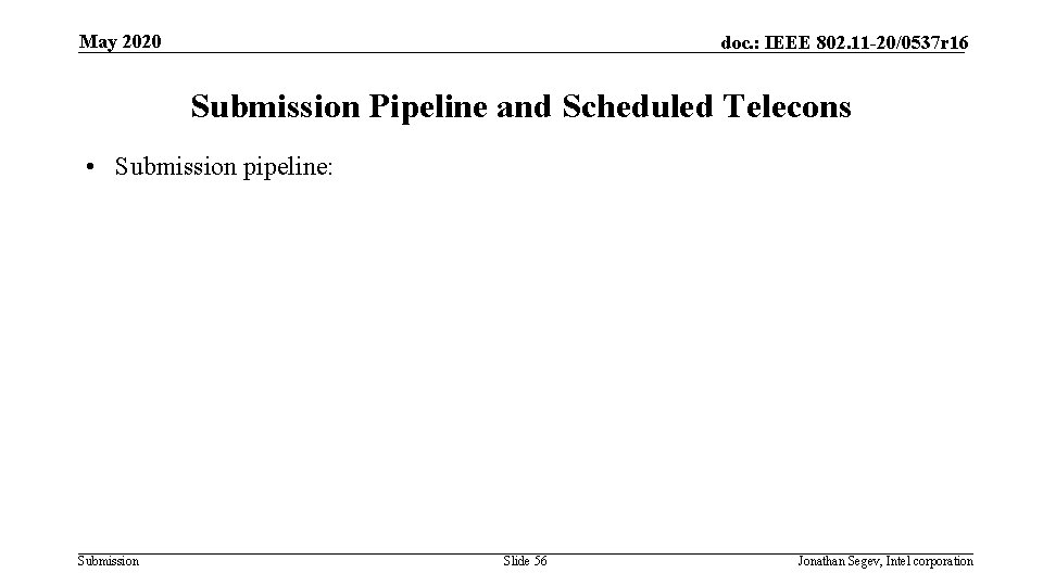 May 2020 doc. : IEEE 802. 11 -20/0537 r 16 Submission Pipeline and Scheduled