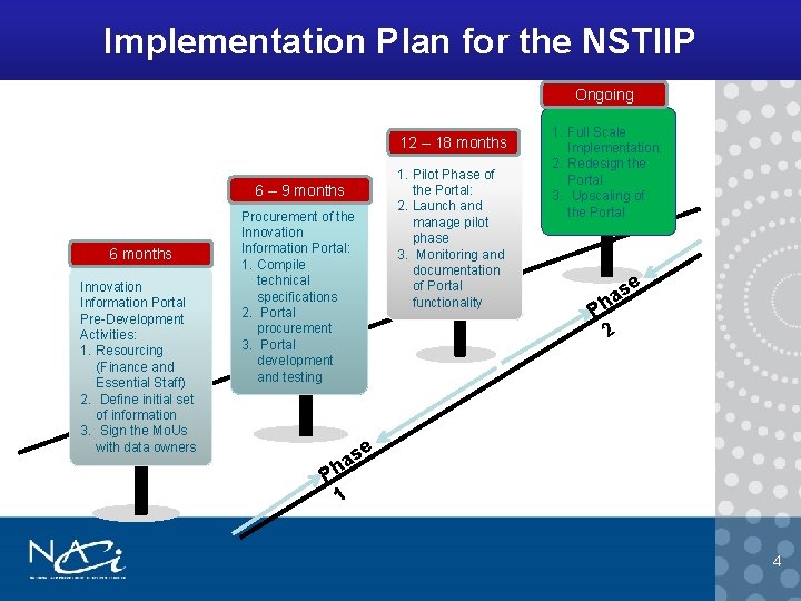 Implementation Plan for the NSTIIP Ongoing 12 – 18 months 1. Pilot Phase of