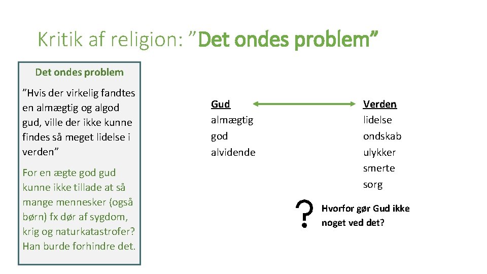 Kritik af religion: ”Det ondes problem” Det ondes problem ”Hvis der virkelig fandtes en