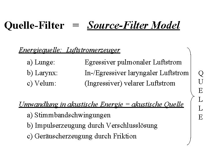 Quelle-Filter = Source-Filter Model Energiequelle: Luftstromerzeuger a) Lunge: b) Larynx: c) Velum: Egressiver pulmonaler