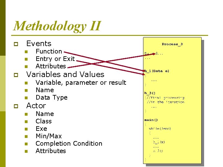 Methodology II p Events n n n p Variables and Values n n n