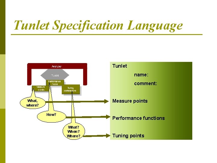 Tunlet Specification Language Tunlet name: comment: Measure points What, where? How? Performance functions What?