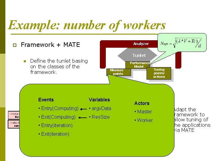 Example: number of workers p Framework + MATE n Analyzer Tunlet t Define the