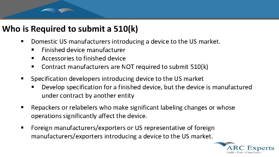 Who is Required to submit a 510(k) § Domestic US manufacturers introducing a device