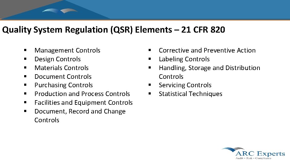 Quality System Regulation (QSR) Elements – 21 CFR 820 § § § § Management