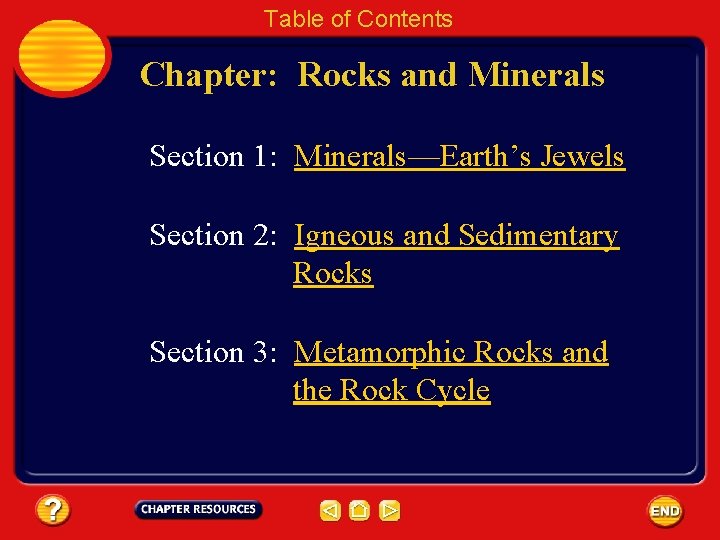Table of Contents Chapter: Rocks and Minerals Section 1: Minerals—Earth’s Jewels Section 2: Igneous