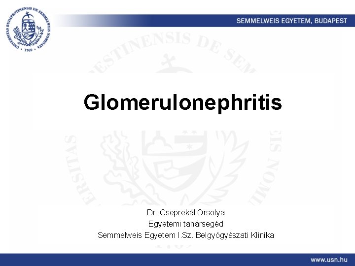 Glomerulonephritis Dr. Cseprekál Orsolya Egyetemi tanársegéd Semmelweis Egyetem I. Sz. Belgyógyászati Klinika 