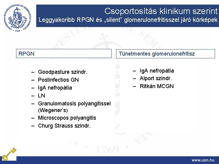 Csoportosítás klinikum szerint Leggyakoribb RPGN és „silent” glomerulonefritisszel járó kórképek RPGN – – –