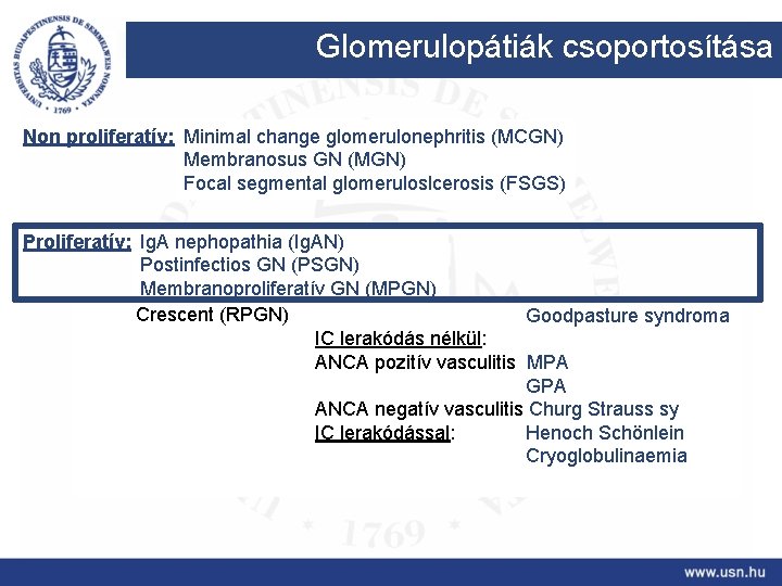 Glomerulopátiák csoportosítása Non proliferatív: Minimal change glomerulonephritis (MCGN) Membranosus GN (MGN) Focal segmental glomeruloslcerosis