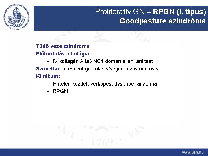 Proliferatív GN – RPGN (I. típus) Goodpasture szindróma Tüdő vese szindróma Előfordulás, etiológia: –