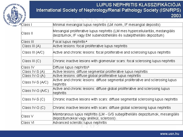 LUPUS NEPHRITIS KLASSZIFIKÁCIÓJA International Society of Nephrology/Renal Pathology Society (ISN/RPS) 2003 Class I Minimal