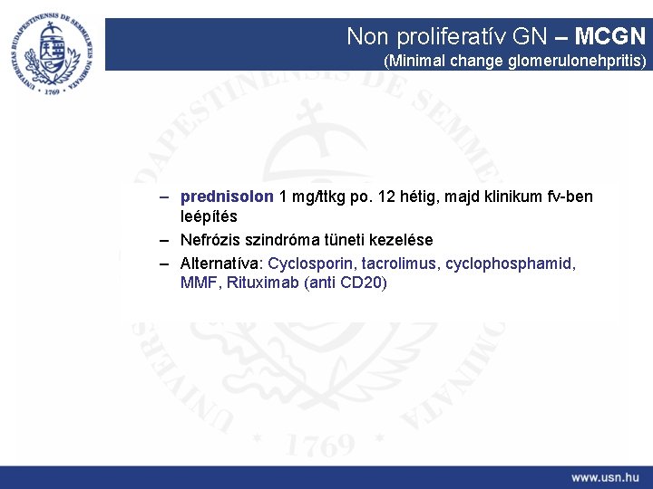 Non proliferatív GN – MCGN (Minimal change glomerulonehpritis) – prednisolon 1 mg/ttkg po. 12