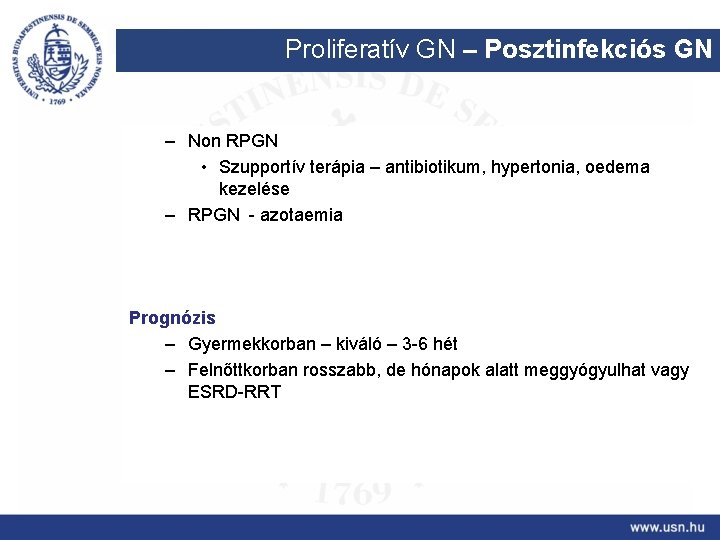 Proliferatív GN – Posztinfekciós GN – Non RPGN • Szupportív terápia – antibiotikum, hypertonia,