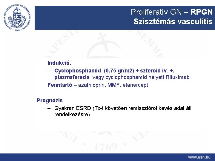 Proliferatív GN – RPGN Szisztémás vasculitis Indukció: – Cyclophosphamid (0, 75 gr/m 2) +