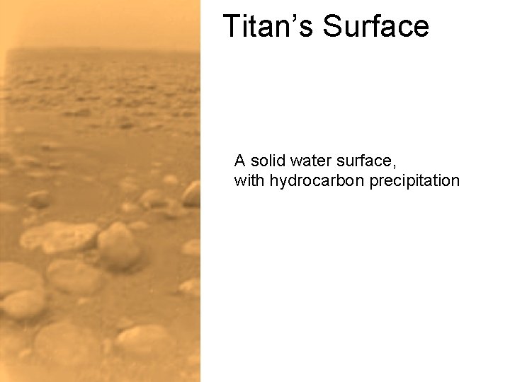 Titan’s Surface A solid water surface, with hydrocarbon precipitation 