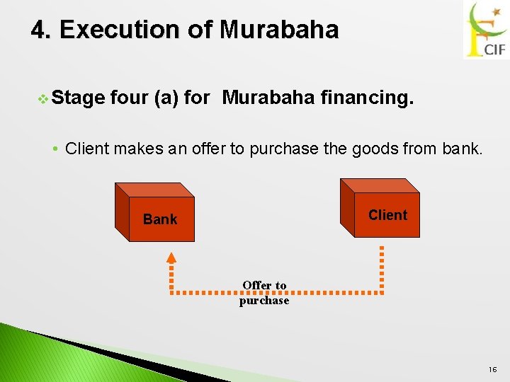 4. Execution of Murabaha v Stage four (a) for Murabaha financing. • Client makes