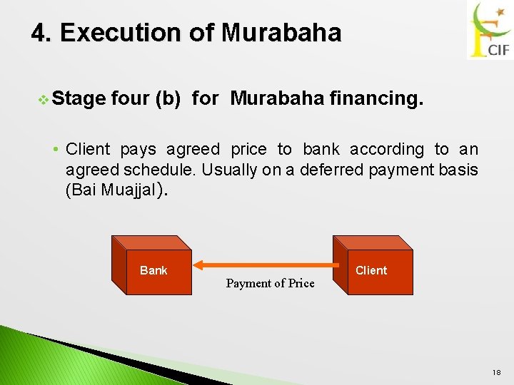 4. Execution of Murabaha v Stage four (b) for Murabaha financing. • Client pays