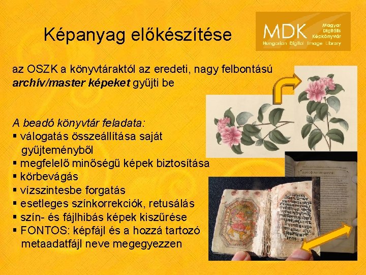 Képanyag előkészítése az OSZK a könyvtáraktól az eredeti, nagy felbontású archív/master képeket gyűjti be