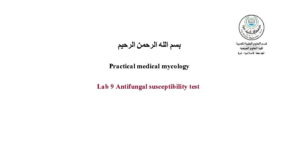  ﺑﺴﻢ ﺍﻟﻠﻪ ﺍﻟﺮﺣﻤﻦ ﺍﻟﺮﺣﻴﻢ Practical medical mycology Lab 9 Antifungal susceptibility test 