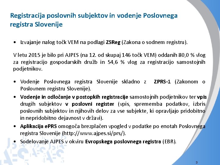 Registracija poslovnih subjektov in vodenje Poslovnega registra Slovenije • Izvajanje nalog točk VEM na