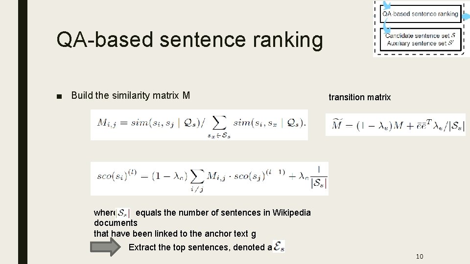 QA-based sentence ranking ■ Build the similarity matrix M transition matrix where equals the