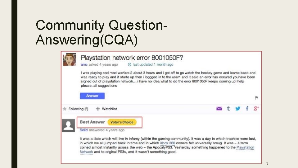 Community Question. Answering(CQA) 3 
