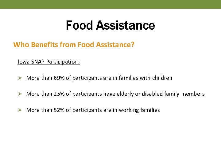 Food Assistance Who Benefits from Food Assistance? Iowa SNAP Participation: Ø More than 69%