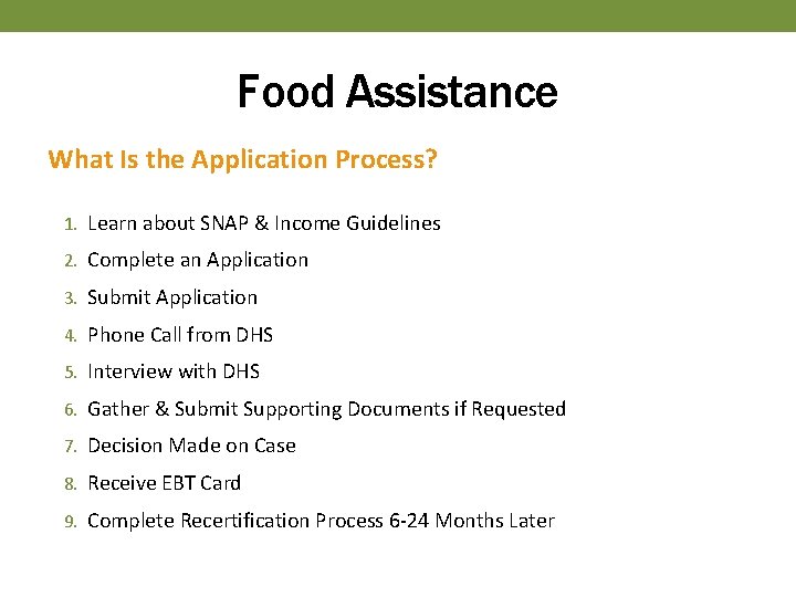 Food Assistance What Is the Application Process? 1. Learn about SNAP & Income Guidelines